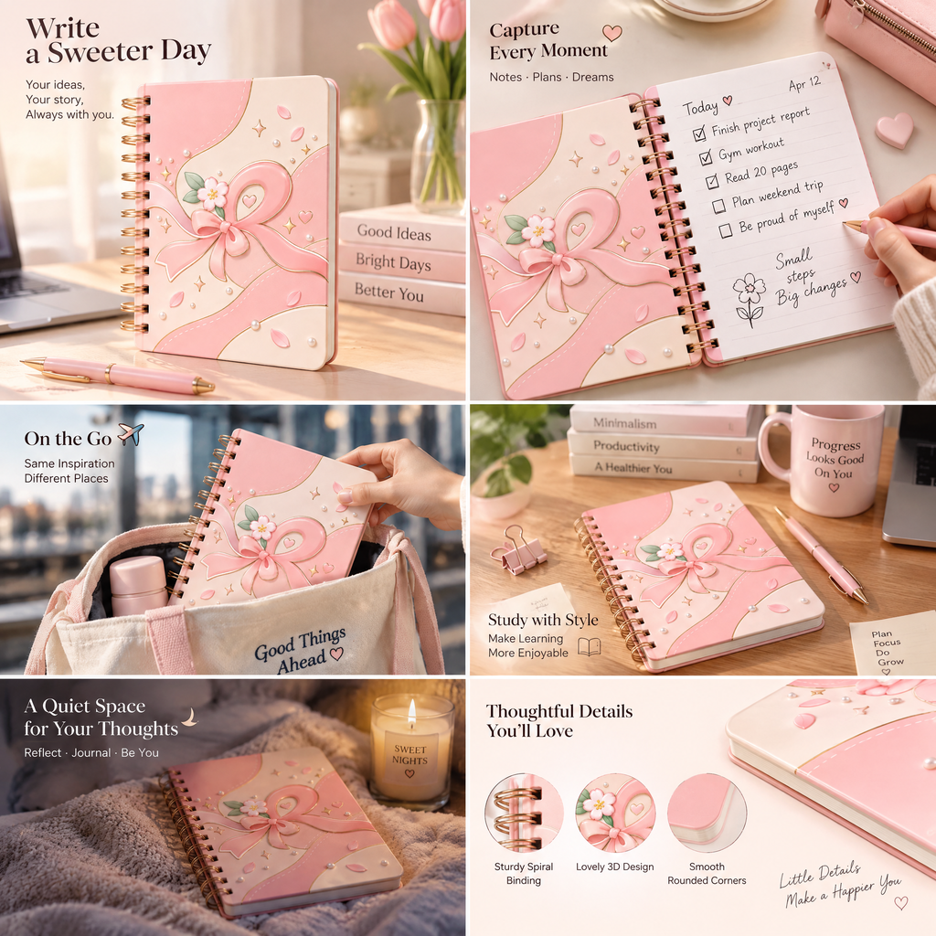 Rovqela™ Blush Bow Spiral Notebook