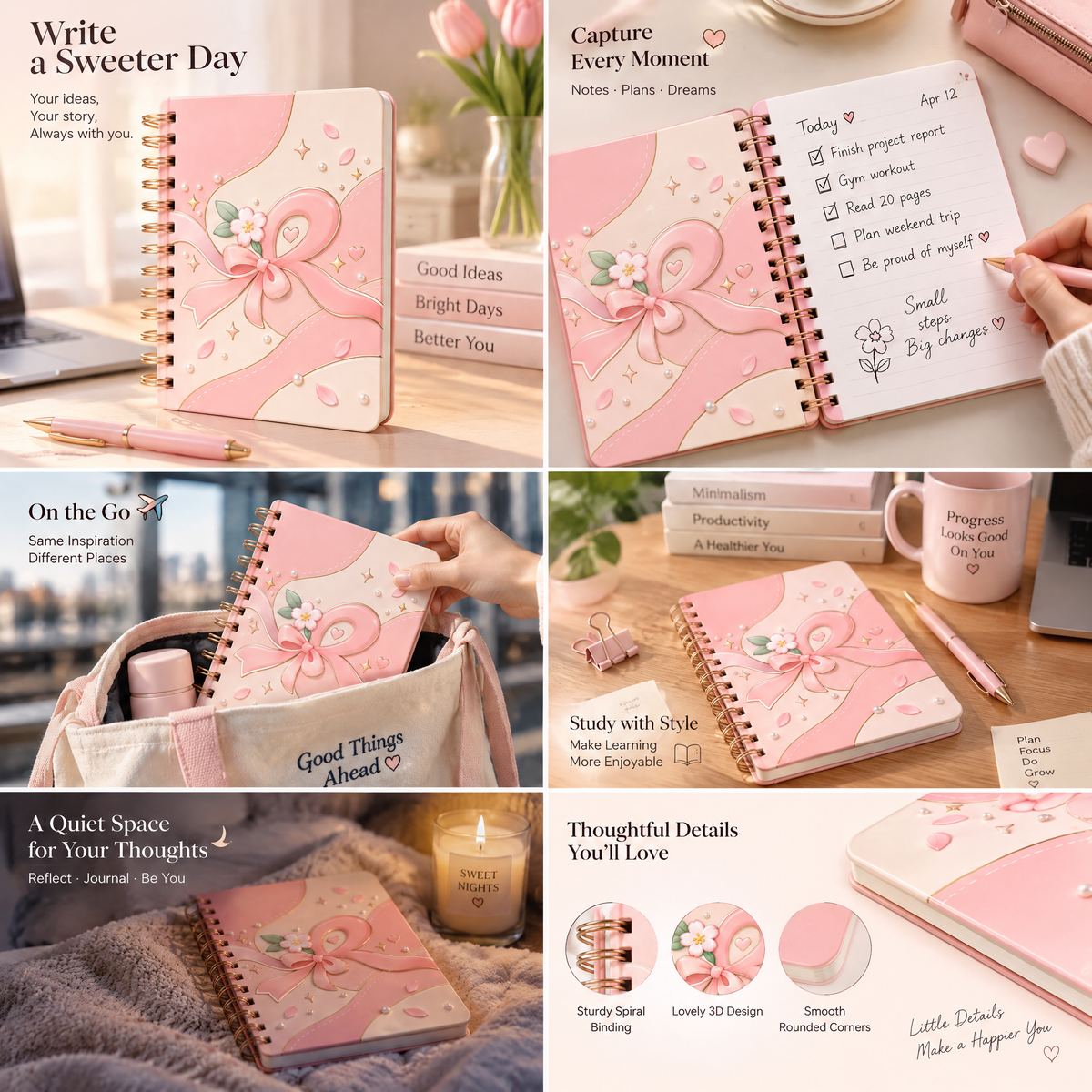 Rovqela™ Blush Bow Spiral Notebook